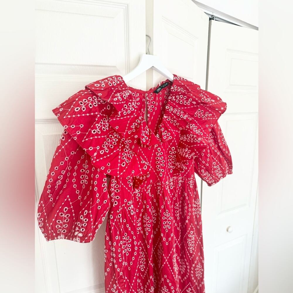 ZARA Red & White Eyelet Ruffle Puff Sleeve Short Sleeve Midi Dress Size XS - Picture 5 of 8